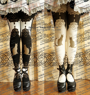 taobao agent Rabbit sauce】Japanese retro Harajuku Lolita court cat handle printed pantyhose two colors enter