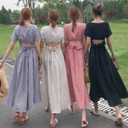 Mùa hè ăn mặc của phụ nữ Hàn Quốc mới tính khí eo mỏng backless ngắn tay đầm cao eo dài kẻ sọc ăn mặc