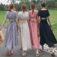Mùa hè ăn mặc của phụ nữ Hàn Quốc mới tính khí eo mỏng backless ngắn tay đầm cao eo dài kẻ sọc ăn mặc yếm váy dài