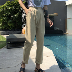 Đơn giản màu rắn cao eo mỏng quần tây giản dị nữ sinh viên mùa hè 2018 Han Fan lỏng hoang dã củ cải quần hậu cung quần dài nữ đẹp