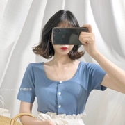Hàn Quốc 2018 mùa hè mới mỏng giảm béo thấp vòng cổ áo sơ mi đơn ngực linh hoạt áo len mỏng khí nữ