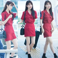 Li zhieniu với phù hợp với sọc đỏ cổ áo ngắn tay áo + váy váy phù hợp với cô gái suko kiểu đồ bộ