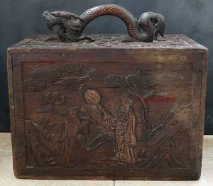 [清代满雕人物纹龙提手木盒成套老麻将]