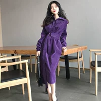 Mùa thu mới phiên bản Hàn Quốc của gió chic retro thon gọn màu áo sơ mi cổ áo nhung kẻ sọc dài áo dài thủy triều áo cưới