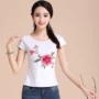 Trung quốc phong cách nhảy vuông nhảy múa cotton của phụ nữ gió quốc gia dài tay t-shirt thêu hoa đáy áo sơ mi kích thước lớn áo sơ mi áo tay dài nữ