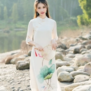 Văn học Fan retro Trung Quốc sườn xám đứng cổ áo khí dài váy phù hợp với trà nằm zen quần áo robes cotton và linen ăn mặc mùa xuân