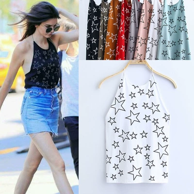 欧美风金小妹同款星星印花挂脖吊带上衣修身显瘦大露背打底小背心-淘宝网