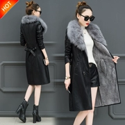 Áo khoác da nữ mùa đông cộng với nhung dày phần dài phiên bản Hàn Quốc 2018 mới thon gọn eo thon áo khoác lông cổ rộng - Quần áo da