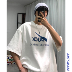 2021簡約短袖男潮流印花寬鬆圓領五分袖上衣百搭t恤