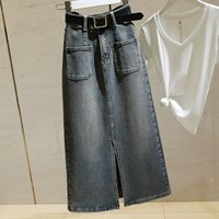 Осенняя длинная эластичная джинсовая юбка, высокая талия, 2023, оверсайз, свободный крой, средней длины, А-силуэт, с акцентом на бедрах