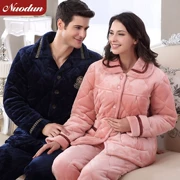 Nuo lá chắn vài bộ đồ ngủ nam và nữ mùa đông dày ba lớp đồ ngủ bằng vải flannel san hô nhung có thể được mặc bên ngoài bông kích thước lớn