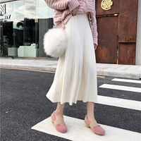 Váy của phụ nữ mùa thu đông mới phiên bản Hàn Quốc của chic cao eo co giãn eo retro váy xếp li lỏng lẻo váy đan mỏng chân váy kaki
