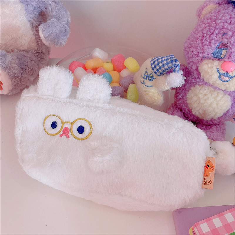 White Dudu Rabbit Plush Pencil Casehairy lovely Pig pig Rabbit animal modelling high-capacity Primary and middle school students Stationery Storage Pencil case Zipper bag