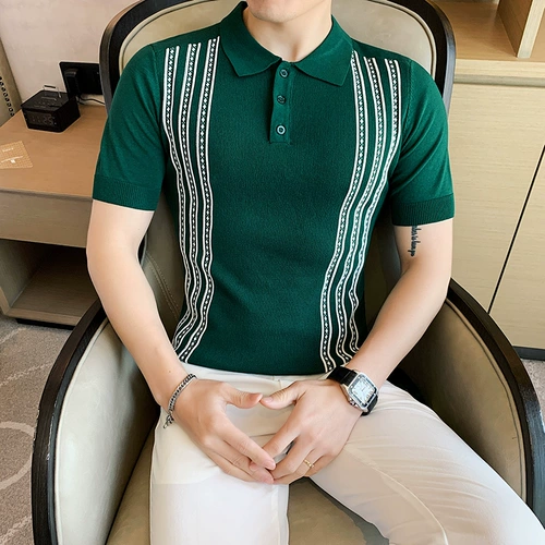 Трикотажная футболка polo, летняя тонкая шелковая трендовая рубашка, облегающий крой, в корейском стиле, короткий рукав