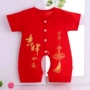 Bé đỏ gạc ngắn tay 裆 衣 quần áo mùa hè mỏng jumpsuit sơ sinh quần áo bé bò quần áo đồ ngủ áo liền quần ngộ nghĩnh cho bé