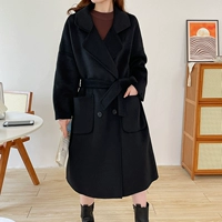 Черный двусторонний длинный кашемир, зимнее шерстяное шерстяное пальто, средней длины