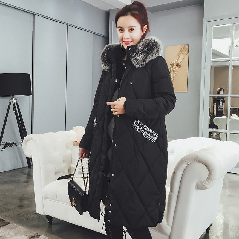 真狐狸毛领连帽加厚女羽绒服中长