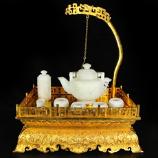 Винтажные предметы обихода из золота 金银器，珍藏铜鎏金底座和田玉茶具一套