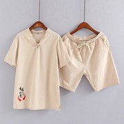 Phong cách trung quốc mùa hè thường bông và vải lanh hai mảnh phù hợp với nam giới thêu quần áo ngắn tay T-Shirt + quần short F 10-3