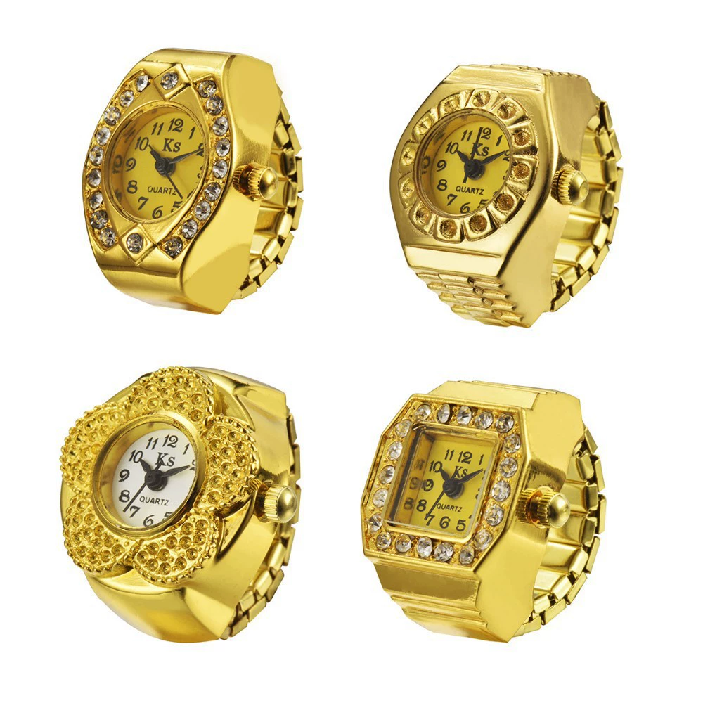 Đồng hồ đeo tay kim cương vuông vàng mới cổ điển ba pin nam và nữ thạch anh đôi sinh viên nhẫn chỉ số ngón tay - Nhẫn