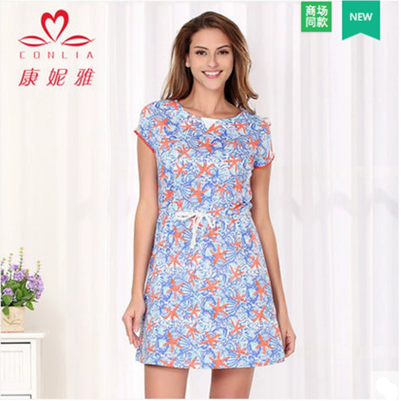 Connie váy nữ mùa hè sexy mặc nhà váy ngủ in áo ngủ ngắn tay cotton mặc bên ngoài 62063538 - Đêm đầm