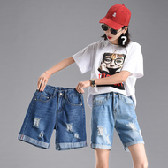 Đàn hồi eo của phụ nữ quần short jeans 2018 mùa hè lỏng mỏng đàn hồi năm quần kích thước lớn lỗ ống túm chân rộng quần jean áo sơ mi nữ