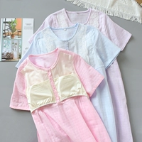 Váy ngủ liền thân màu Nhật Bản có đệm ngực ngắn tay ren nữ mùa hè cotton hai lớp gạc mỏng đồ ngủ có thể tháo rời - Đêm đầm váy xuông phong cách