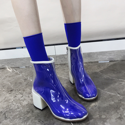 透明靴子女夏2018新款欧美粗跟短靴网红同款高跟鞋凉靴chic马丁靴