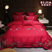 Trung Quốc phong cách Trung Quốc giường ngủ cotton thêu hoa bộ bốn lớn màu đỏ mới cưới đám cưới trăm con trai bộ đồ giường - Bộ đồ giường bốn mảnh
