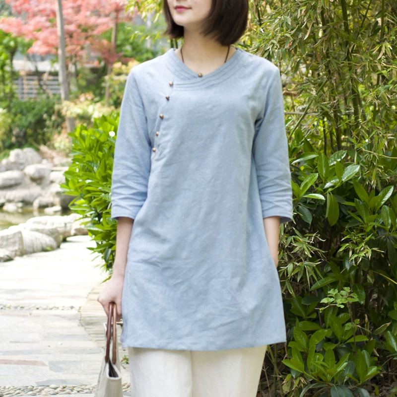Nữ Hongxiu Nguyên bản của phụ nữ Trung Quốc Quần áo cotton và vải lanh có độ dài trung bình hàng đầu Tang bộ đồ T-shirt vải lanh nữ mùa hè áo sơ mi kiểu Trung Quốc - Áo sơ mi