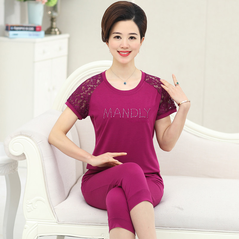 Mẹ mùa hè bông thể thao phù hợp với 40-50 tuổi phụ nữ trung niên mùa hè phụ nữ ngắn tay t-shirt + quần bó sát