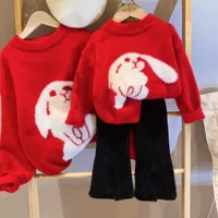 Осенний демисезонный свитер, трикотажный шарф, мультяшный кролик, детский топ, семейный стиль, популярно в интернете