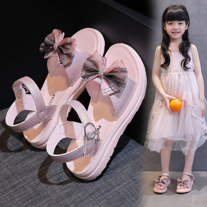 女童凉鞋2021年夏季新款小女孩童鞋水钻蝴蝶结软底防�滑小公主鞋子