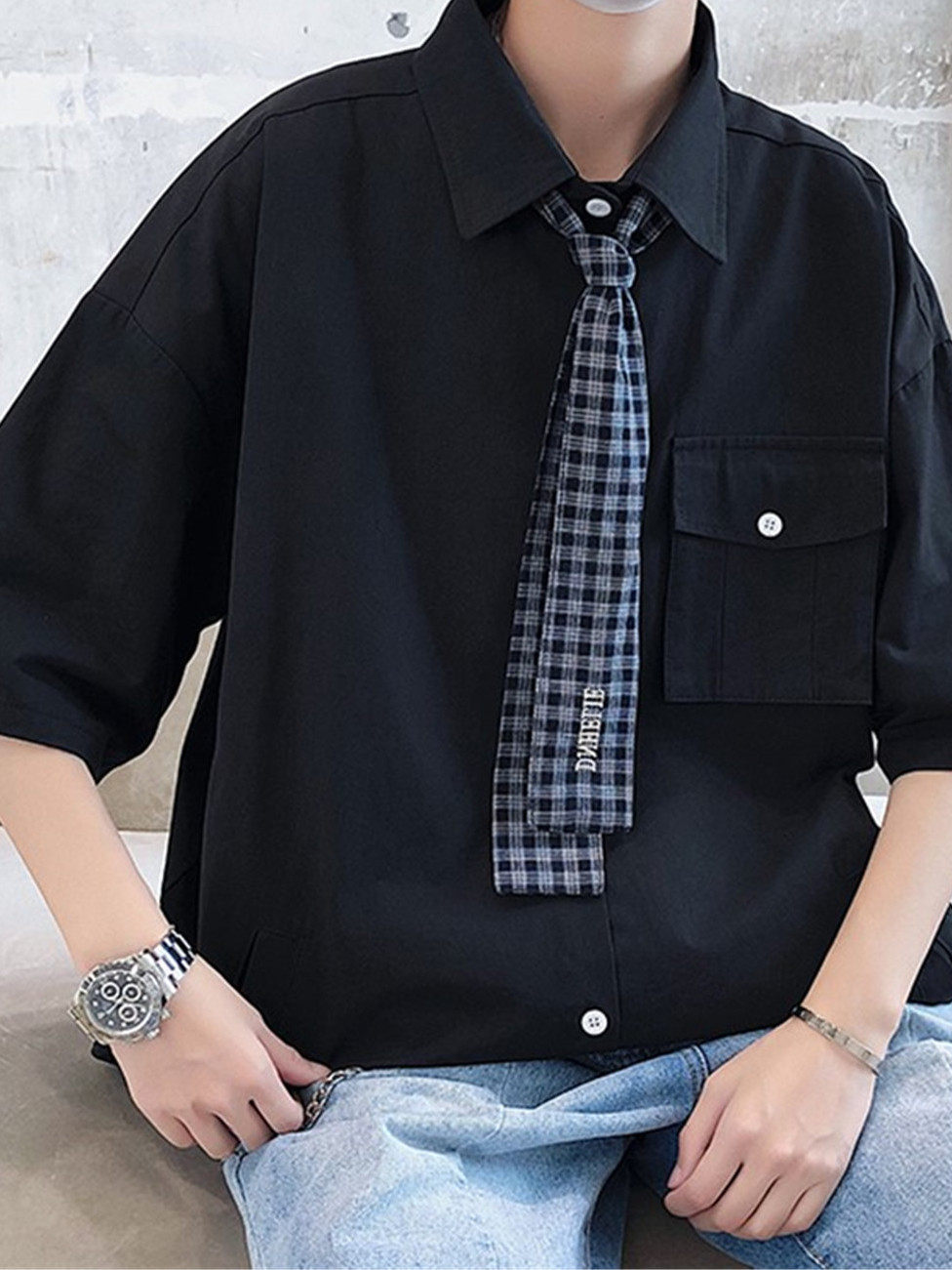 衫岛夏季港风男生ins领带衬衣