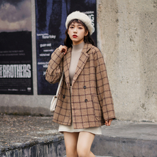 实拍格子外套女春2019新款韩版学生网红短款百搭格子西装外套