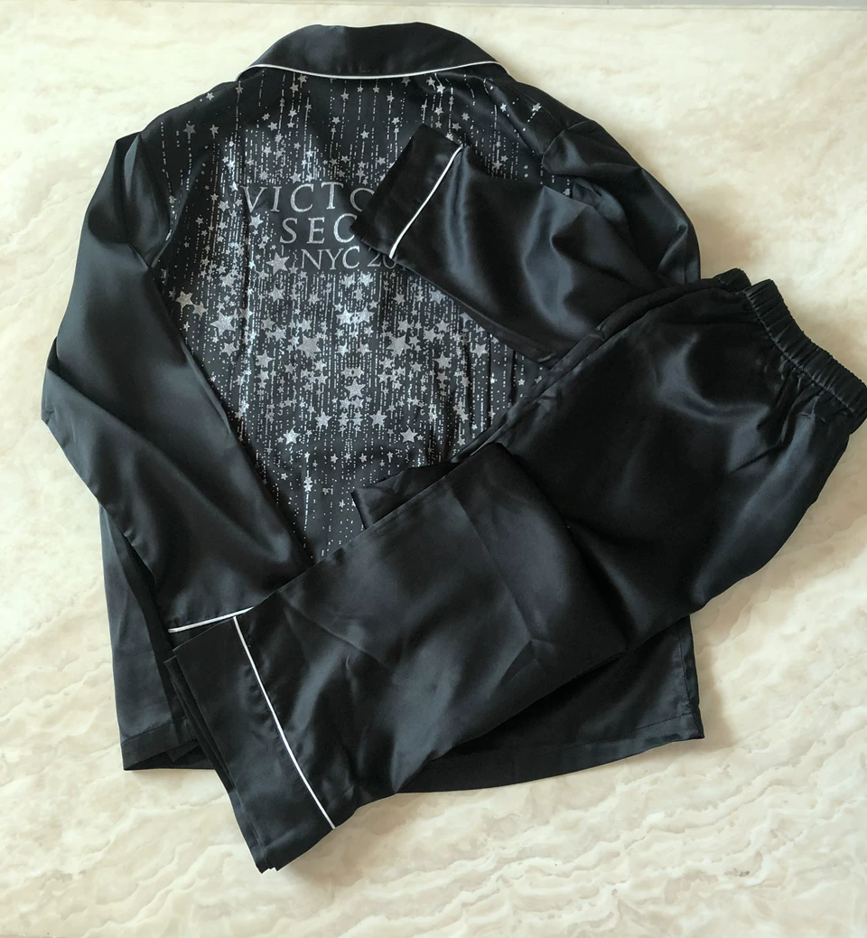 Silk pajama set women's, black with gold star print, long-sleeve top and pants, sexy