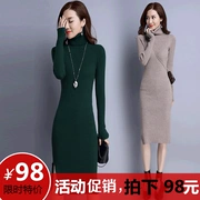 Áo len dài cổ cao nữ mùa thu đông 2018 phiên bản mới của Hàn Quốc của chiếc váy đan tự phối trên áo len đáy gối