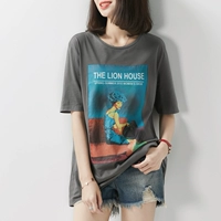 の [TX192576MG] Cười Hange retro hơi thở sơn cô gái mô hình cotton tự nhiên vòng cổ ngắn tay T-Shirt