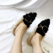 Giày đế bệt mũi nhọn nữ Baotou 2018 thời trang Hàn Quốc mới không có gót lông ấm áp đế giày lười