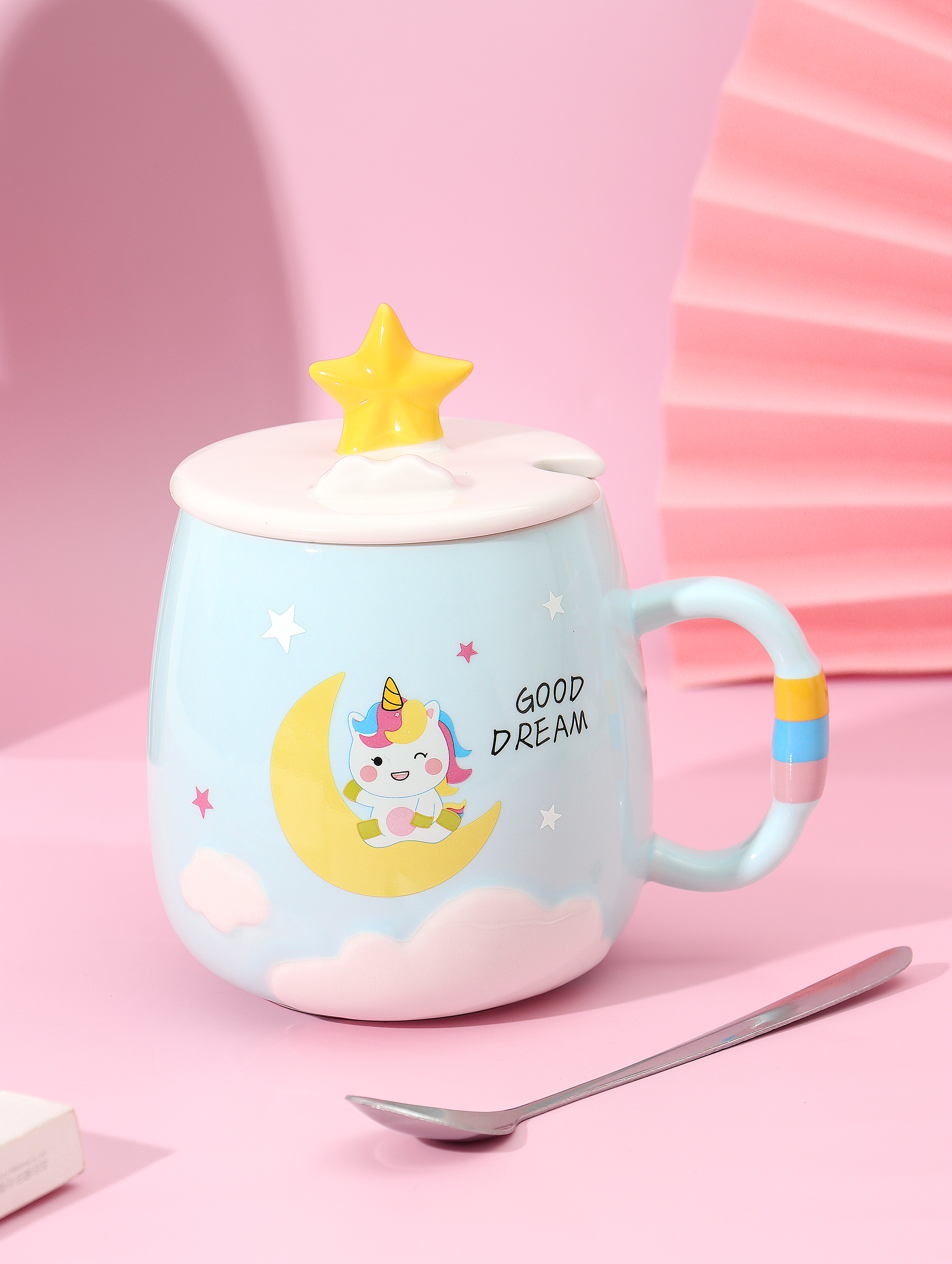 Unicorn & Light Blue & GoodCartoon ceramics Girlish heart unicorn Mug Water cup female With cover originality trend office lovers powder Unicorn