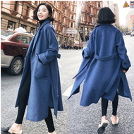 Áo khoác nữ trung phần dài Hepburn gió chic retro len Nizi mùa đông eo smog len màu xanh áo len áo khoác dạ kẻ hàn quốc