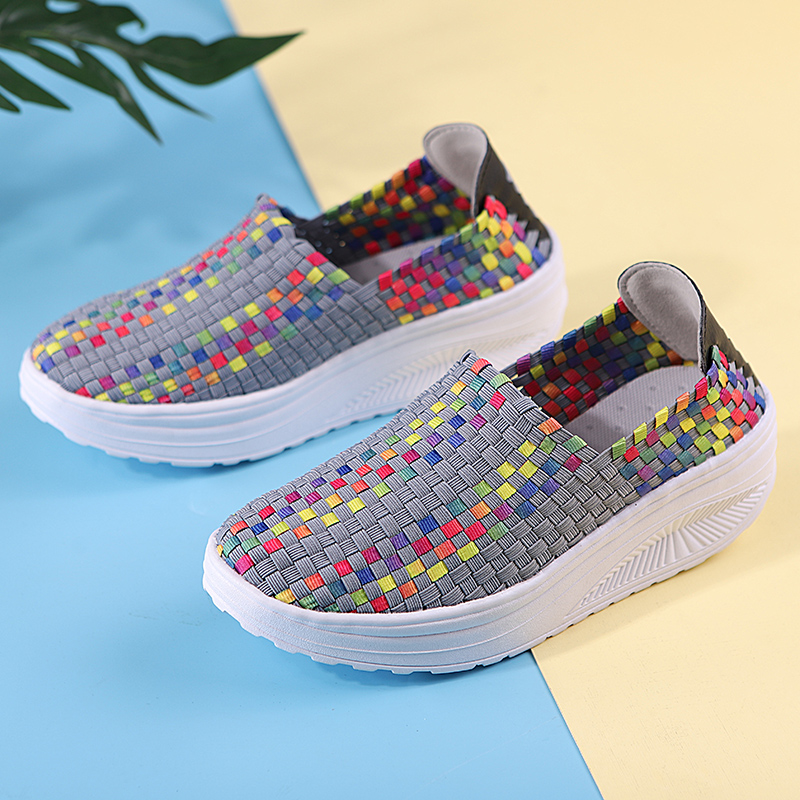 Grey Rocking Shoes 989Summer style elastic force weave Mom shoes Fashion shoes Thick bottom Trochanter Kick on Lazy shoes light comfortable Women's Shoes Rocking shoes