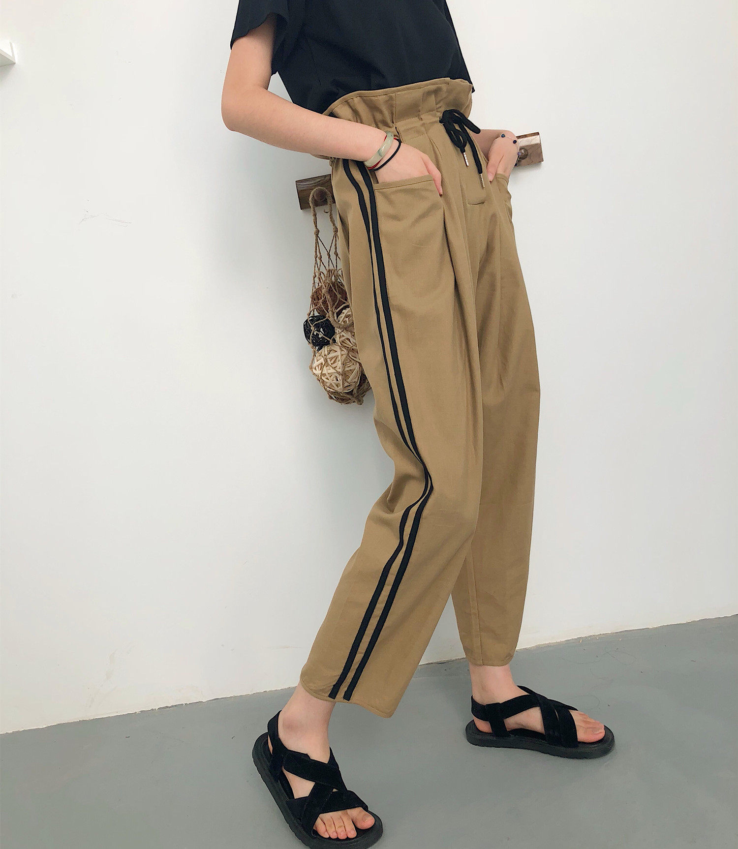 实拍 实价 韩版高腰系带宽松侧条花苞裤百搭休闲裤