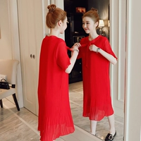 Đầm bà bầu mùa hè màu đỏ xếp li Đầm voan phiên bản Hàn Quốc của váy liền màu thời trang nơ cổ búp bê - Áo thai sản đồ bộ bầu đẹp