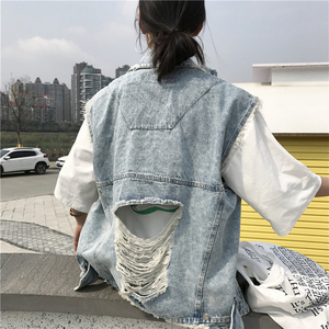 Vest nữ mùa xuân và mùa hè Hàn Quốc phiên bản mới lỗ lớn để làm cũ nguyên lỏng denim tay áo khoác sinh viên áo khoác vest áo khoác dài nữ
