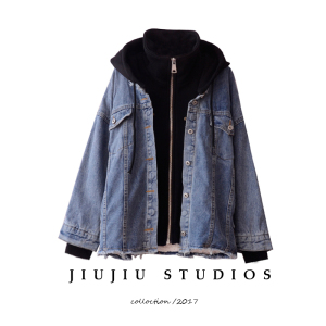 Mùa đông mới nhỏ giả hai mảnh áo len khâu dày lamb tóc denim bông quần áo của phụ nữ trùm đầu áo khoác lỏng