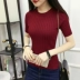 2018 mùa xuân và mùa hè phụ nữ mới của Hàn Quốc phiên bản của vòng cổ màu rắn hoang dã tự trồng giảm béo đan áo sơ mi ngắn tay Vòng cổ áo len