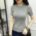 2018 mùa xuân và mùa hè phụ nữ mới của Hàn Quốc phiên bản của vòng cổ màu rắn hoang dã tự trồng giảm béo đan áo sơ mi ngắn tay Vòng cổ áo len