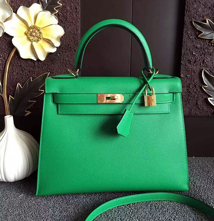 28Cm Ice Cream Green Gold Button25cm28cm32cm Outer seam Kelly bag All by hand Wax thread  female Satchel genuine leather Female bag female handbag