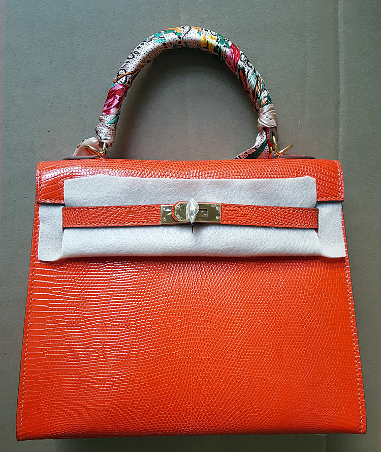 25Cm Flame Orange Gold Button25c m28 cm Outer seam Lizard skin Kelly bag Semi manual All by hand Wax thread Internet celebrity female Satchel female handbag